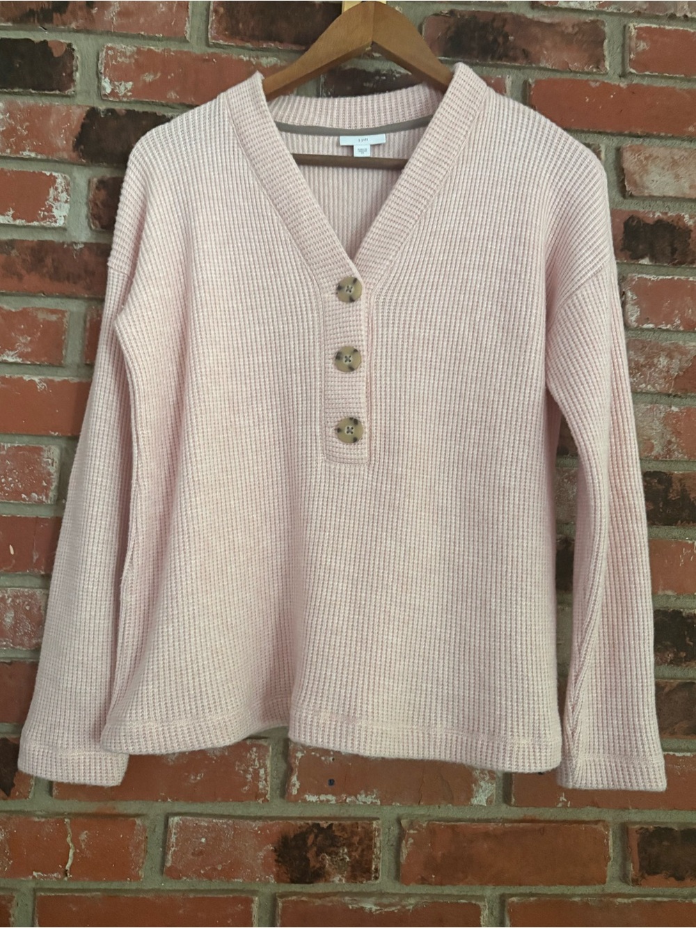 J Jill Soft Pink Waffle Knit Henley 3 Button Sweater Sz XS